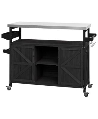 Outdoor Kitchen Island and Rolling Bar Cart, Farmhouse Solid Wood Grill Table with Stainless Steel Top, Spice Rack and Towel Rack