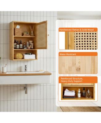 Bathroom Wall Cabinet, Wood Rattan Storage with 3-Tier Shelves and Doors, Medicine Cabinet, Holds 33lbs for Bathroom, Laundry Room