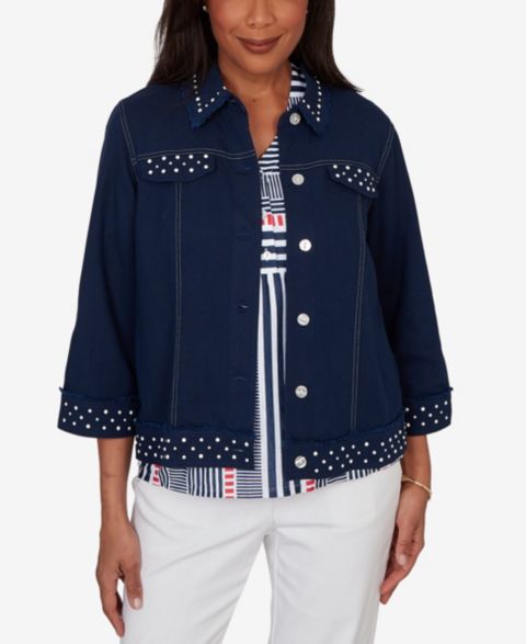 Женские куртки Alfred Dunner Port Side Cultivated Pearl Trim Denim Jacket