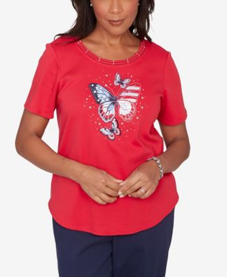 Women's Lady Liberty Sparkling Americana Butterfly Crewneck T-Shirt