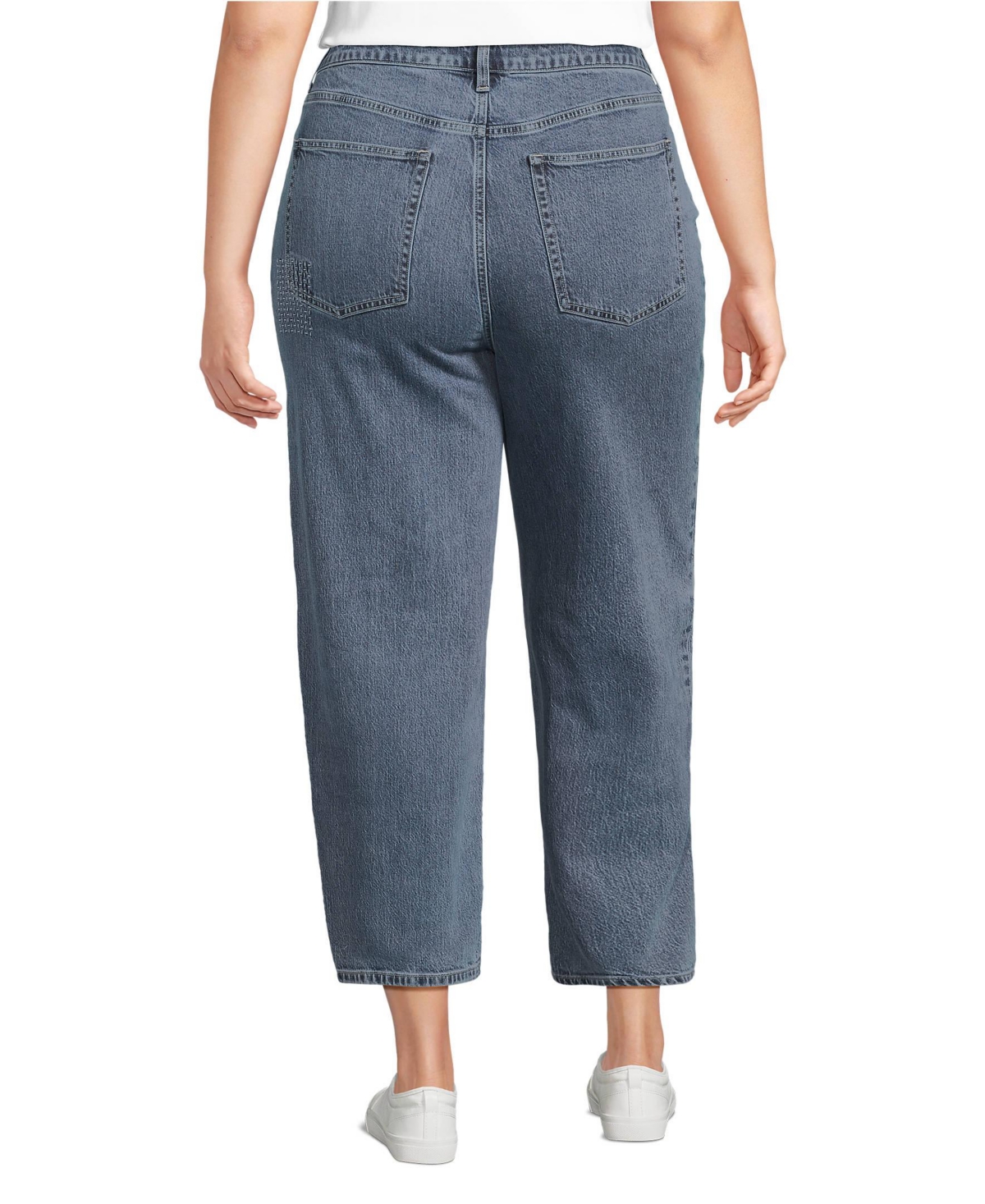 Lands' End Women's Soft Denim Mid Rise Relaxed Straight Crop Patchwork Jeans