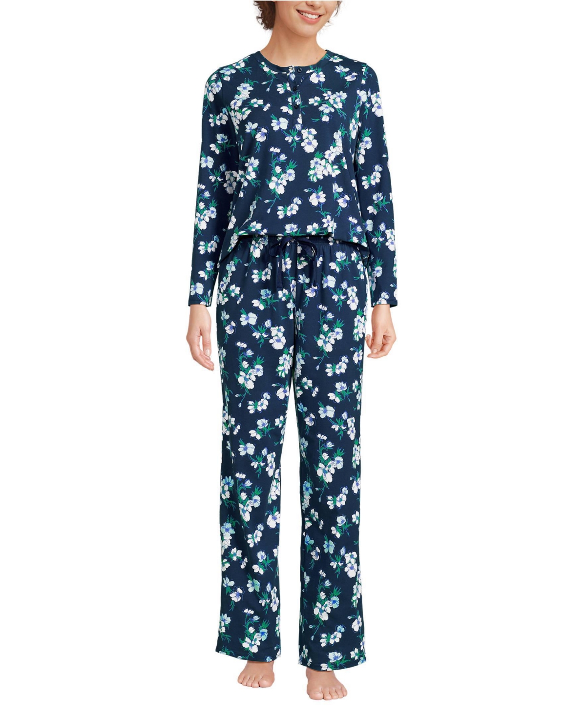 Lands' End Women's Knit 2 Piece Pajama Set - Long Sleeve Top and Pants - Deep sea navy painterly floral