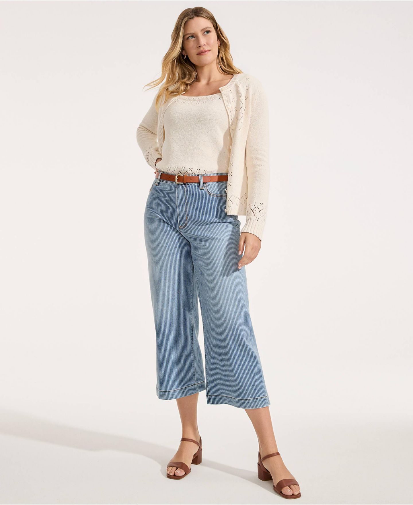 Женские джинсы Lands' End Tall Denim High Rise Wide Leg Crop, цвет: Синий полосатый — фото 3