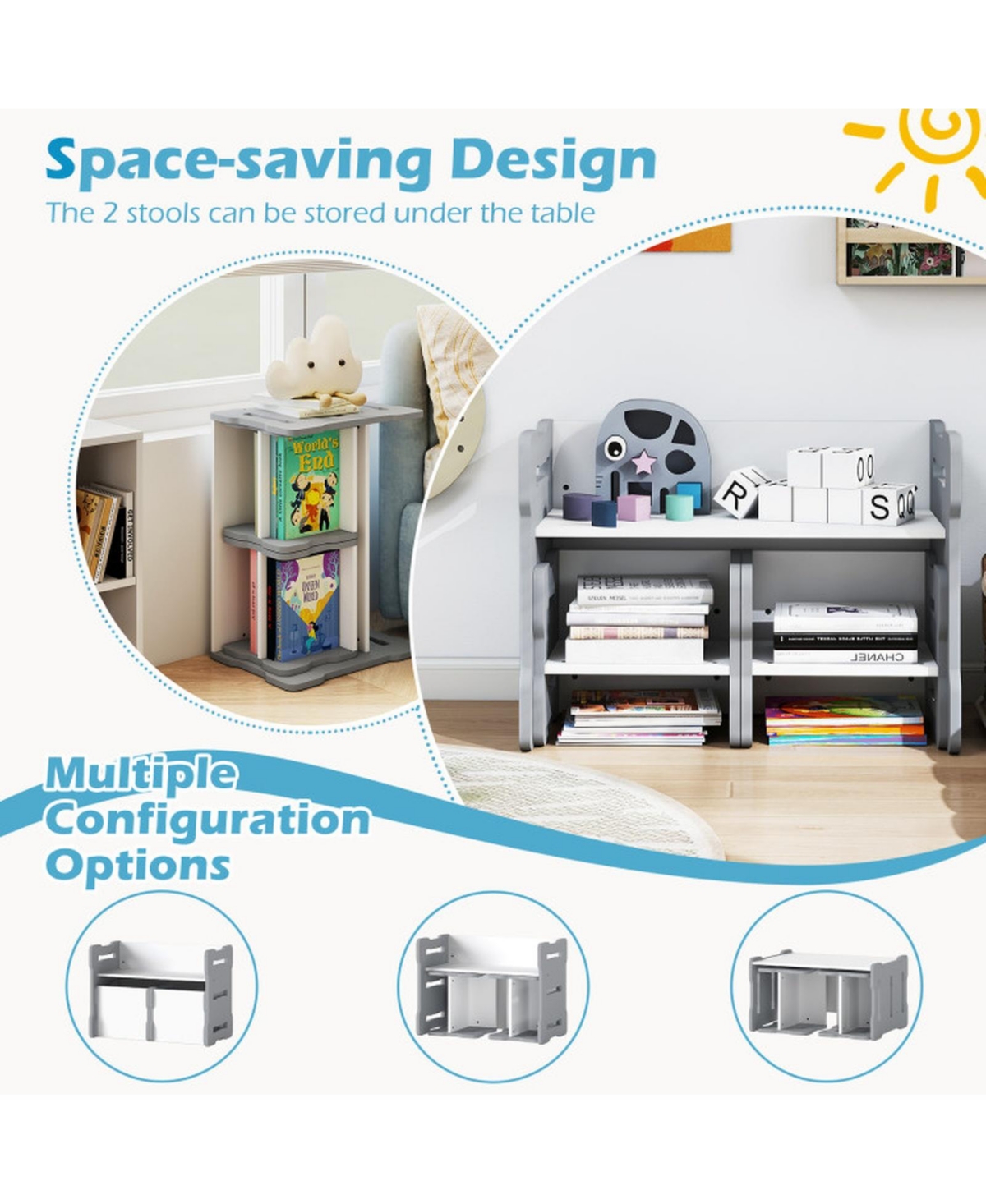 Gouun 3-Piece Toddler Activity Table Set with 2 Nesting Storage Stools