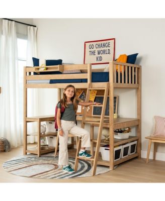 Scandinavian Loft Bed with Wraparound Desk and Shelves