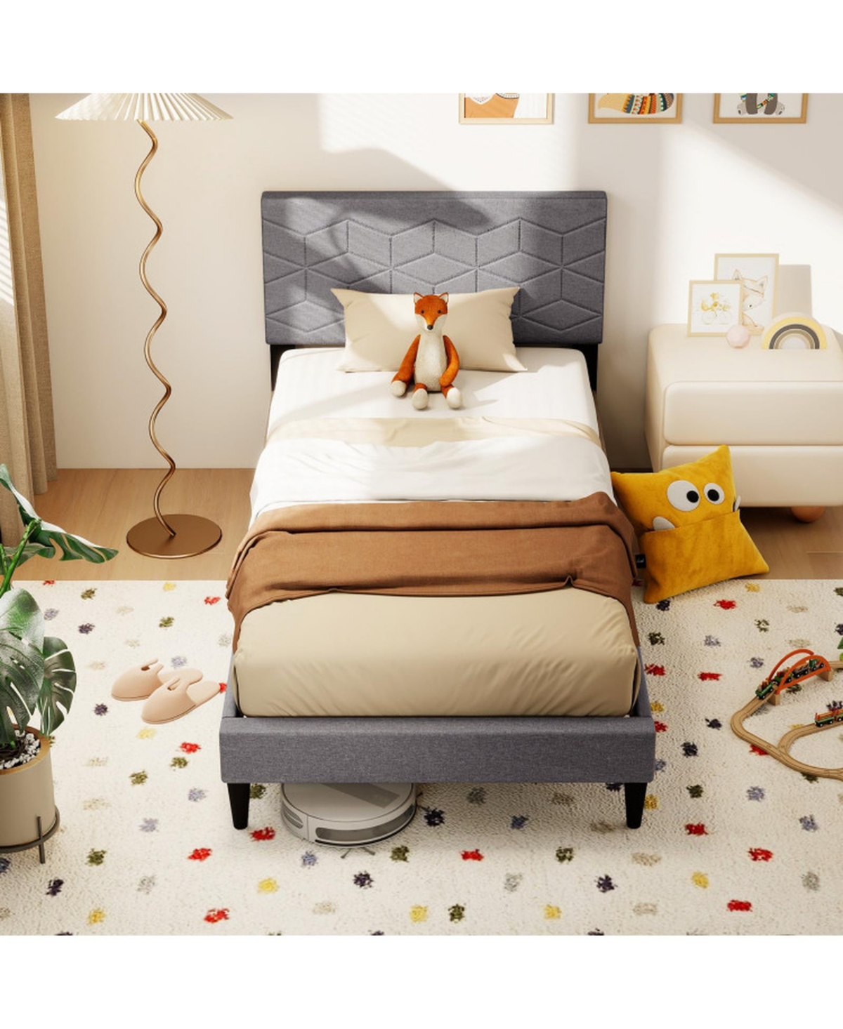 Gouun Twin Linen Upholstered Platform Bed Frame with Headboard