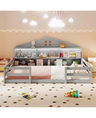 Twin Montessori Floor Bed with Storage Shelves and Storage Compartments