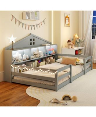 Twin Montessori Floor Bed with Storage Shelves and Storage Compartments