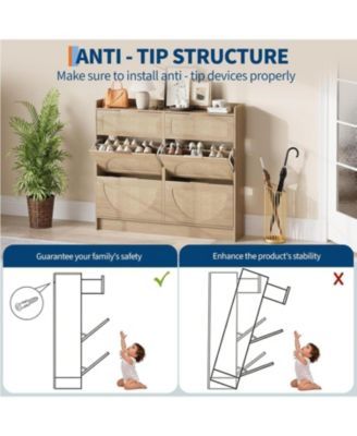 Rattan Shoe Cabinet with Adjustable Shelves and Metal Handles, Narrow Entryway Storage