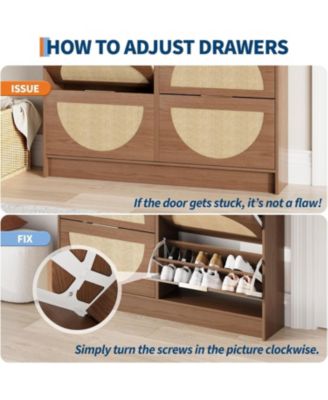 Rattan Shoe Cabinet with Adjustable Shelves and Metal Handles, Narrow Entryway Storage