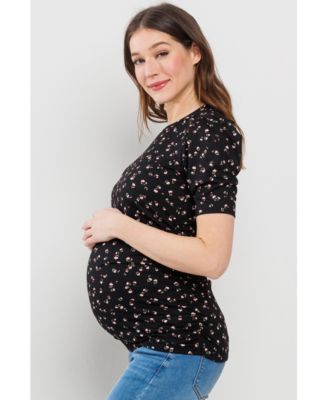 Maternity Floral Ribbed Ruched Puff-Sleeve Fitted Top