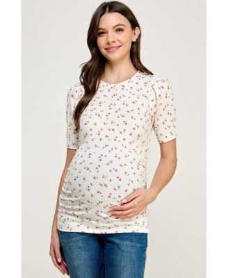 Maternity Floral Ribbed Ruched Puff-Sleeve Fitted Top