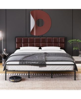 Full Upholstered Metal Bed Frame with Square-Stitched Headboard, Faux Leather Platform Bed with Steel Slats Support, Box Spring Optional