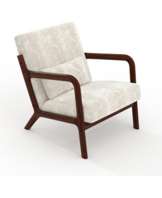 Mid-Century Modern Accent Chair with Corduroy Upholstery, Solid Wood Armchair with Removable Lumbar Pillow