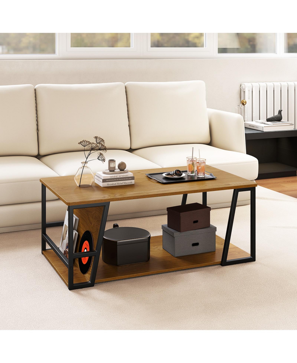 Sugift Rectangular Two Tier Coffee Table with Storage Shelf