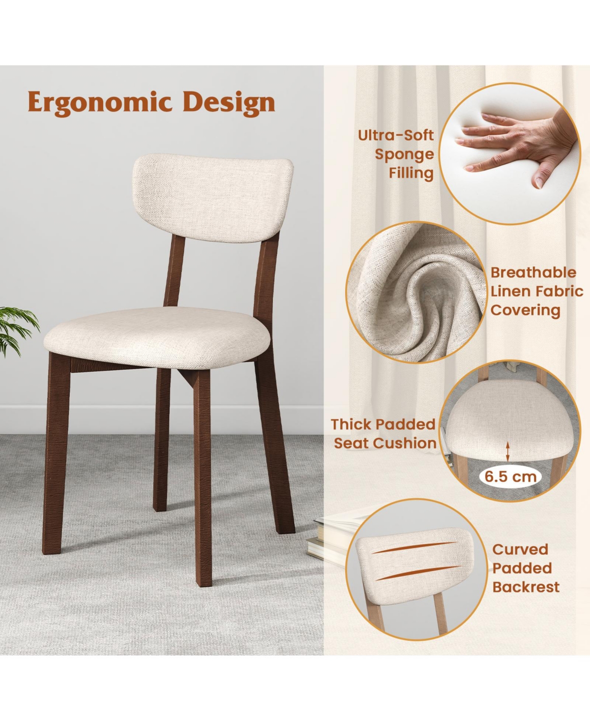 Gouun 5-Piece Padded Dining Set with Rubber Wood Table and 4 Linen Chairs