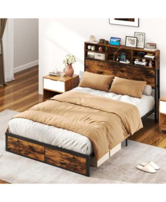 Full Metal and Wood Platform Bed Frame with Storage Drawers and Headboard and Industrial Design