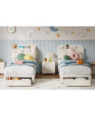Soft Upholstered Twin Bed Frame for Kids - Storage Drawer and Bookcase Headboard - Noise-Free, Easy Assembly, No Box Spring Needed