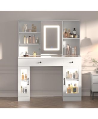 Large Vanity Desk with Sliding Mirror and 3-Color LED Lights, Makeup Dressing Table with Storage Drawers, Shelves, Cabinets, USB Outlets
