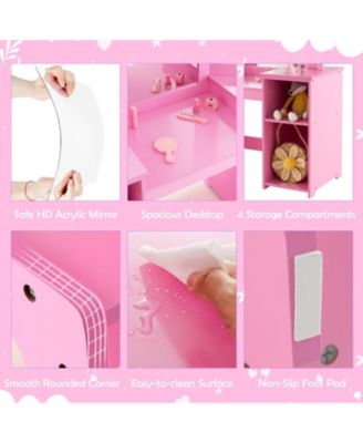 Kids Vanity Set with Tri-Folding Acrylic Mirror, 4 Storage Cubbies and High-Back Chair