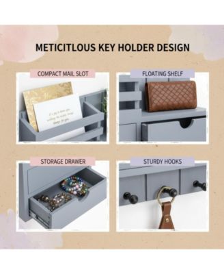 Wall Mounted Key Holder with 2 Drawers 6 Hooks Shelf Mail Organizer Decor