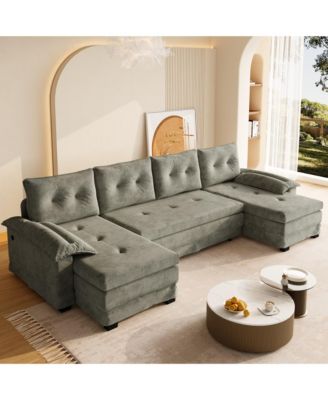 Oversized U-Shaped Sofa Bed, Modular Sectional Couch with Pull-Out Sleeping Area, Detachable Armrests and USB Ports for Living Room