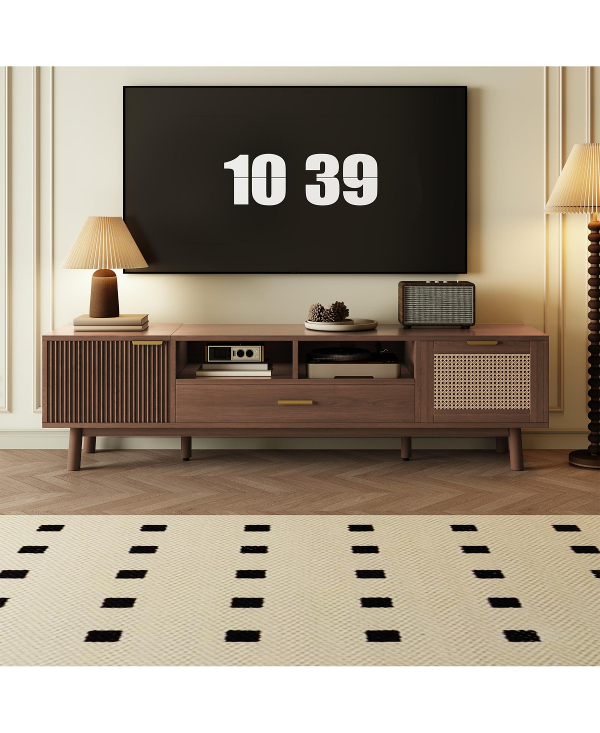Rainsken Wood Tv Stand for TVs, Entertainment Center, Media Console with Storage Drawer, Open Shelves and Drop-Down Door Cabinet for Living Room