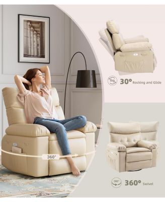 Swivel Rocking Recliner Chair, Oversized PU Leather Reclining Nursery Rockers with Heat and Massage, Rocker Recliner Chair with Pull Handle