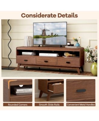 Mid-Century 59.5-Inch TV Stand with Three Drawers and Open Shelves