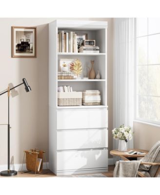 Industrial Tall Bookcase with Doors and Drawers, 5-Tier Wooden Bookshelf, Metal Frame Storage Rack