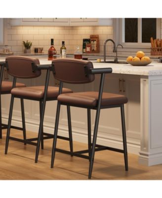 Set of 2 Counter Stools with Armrest, Upholstered Seat and Soft Back