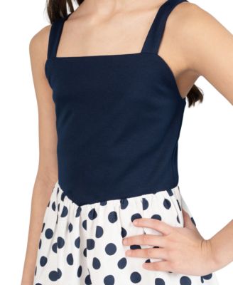 Girls' 7-16 Knit Ponte To Polka Dot Dropwaist Short Dress