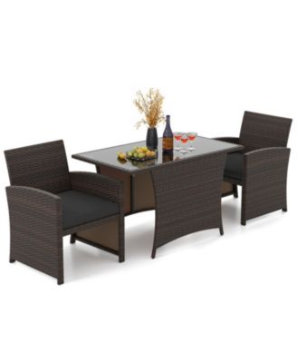 3-Piece Patio Wicker Dining Set with Tempered Glass Table and Cushioned Chairs