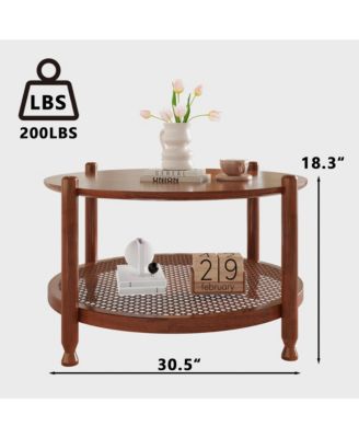 Round Coffee Table, 2-Tier Rustic Wood Center Table with Boho Woven Rattan Storage Shelf for Living Room