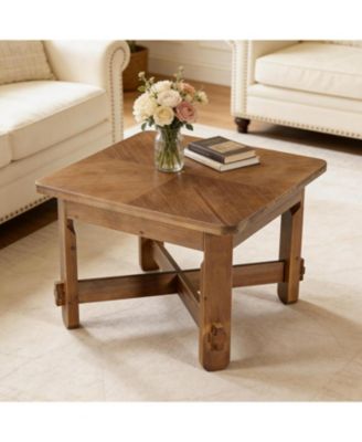 Solid Wood Square Coffee Table, 31.5" Farmhouse Accent Center Table with Sturdy Cross-braced Legs, Mid-Century Modern Tea Cocktail Tables