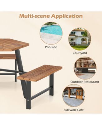 6-Person Acacia Wood Picnic Table and 3-Bench Set with Umbrella Hole