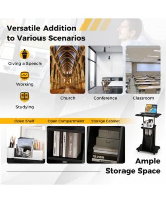 Mobile Standing Desk Cart with Adjustable Tilt Desktop, Cabinet and Open Shelves