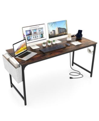 Computer Desk with Built-In Charging Station, Side Storage Bag and Metal Hook