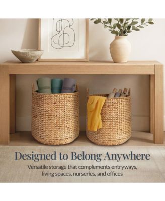 2-Piece Round Nesting Baskets Handles, Handwoven Water Hyacinth, Storage Organizer