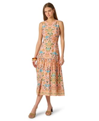 Women's Printed Sleeveless Crewneck Petal Trim Midi Dress