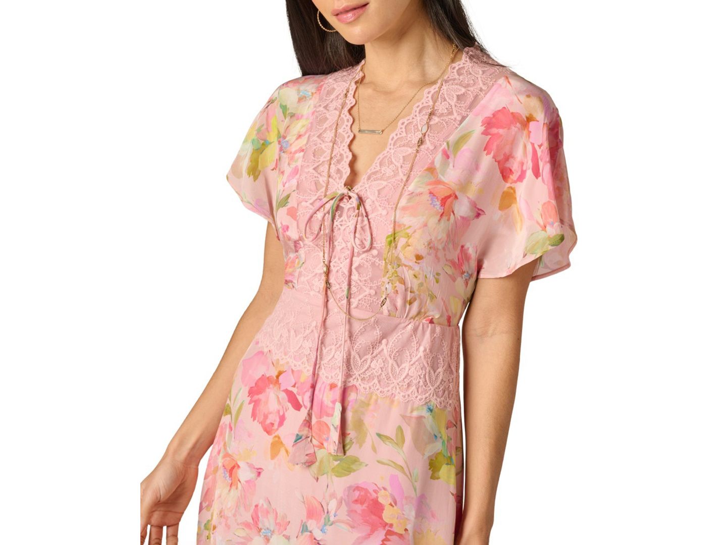 Женское платье Adrianna Printed V-Neck Lace Trimming Satin, цвет: Розовый разноцветный — фото 2