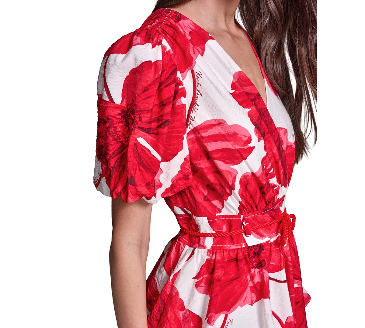 Karl Lagerfeld Paris Women's Crinkle Woven Puff Sleeve Fit and Flare Dress