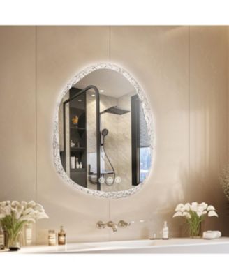 28"x20" Irregular Stone Pattern Frosted LED Bathroom Vanity Mirror for Wall with Backlit Anti Fog, 3 Colors and Dimmable Light