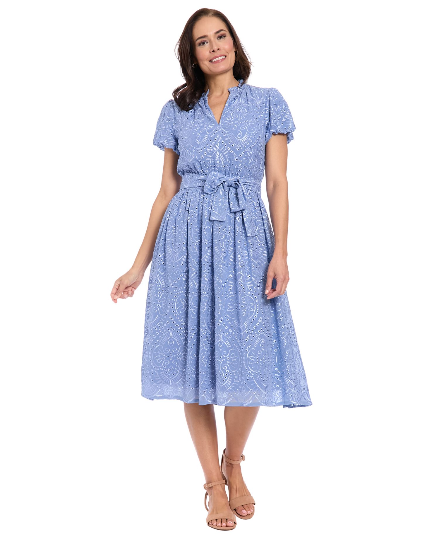 Petite Ruffle Neck Bubble-Sleeve Elastic Waistband Midi Dress