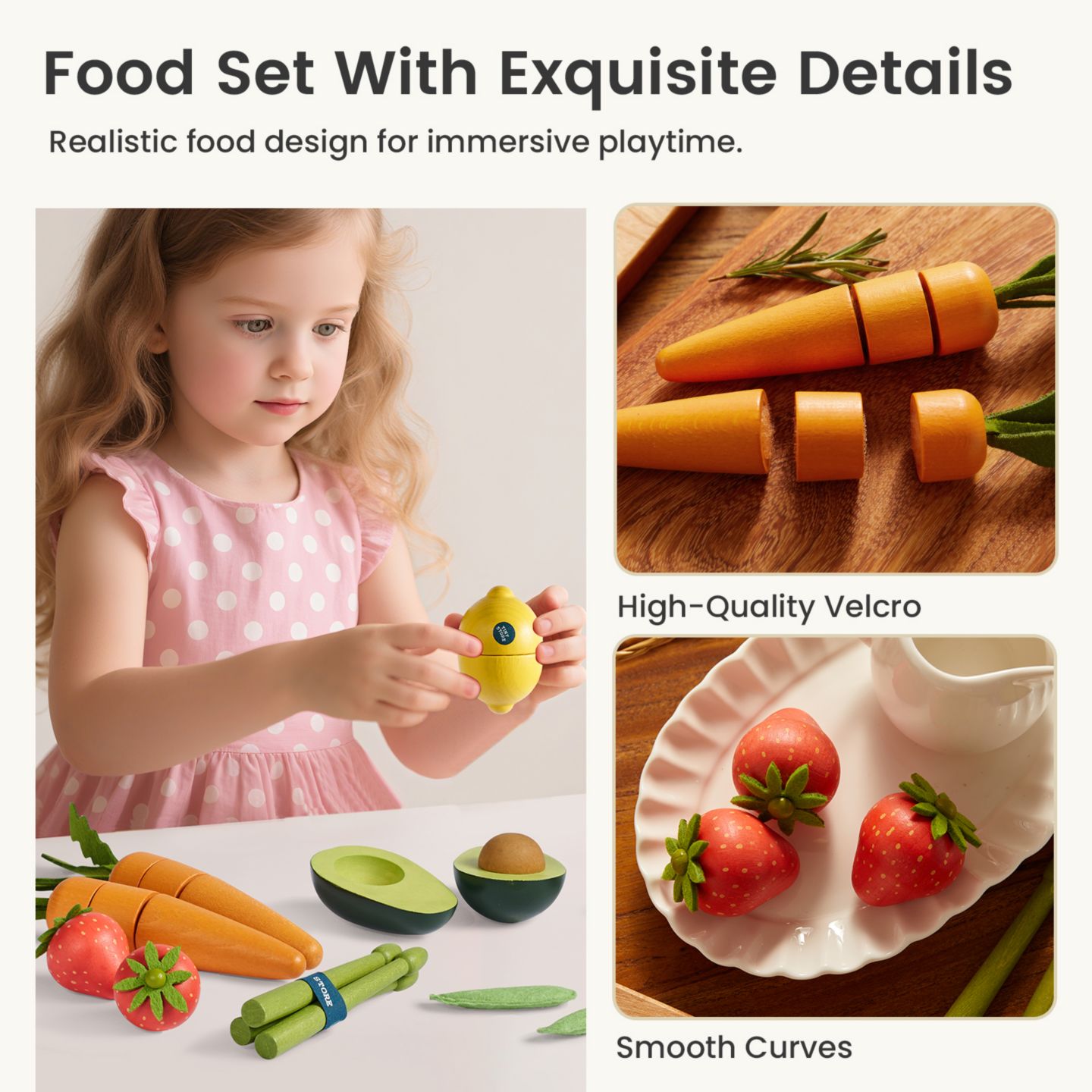 Детские игрушки Tiny Land Natural-Style Wooden 7-Piece Fruit & Veggie Play Set, Ages 2+ — фото 6