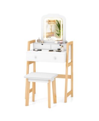 Adjustable Height Vanity Desk Set with 3-Color LED Lighted Mirror and Drawers