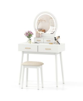 Small Vanity Makeup Dressing Table Set with Cushioned Stool and LED Lighted Mirror