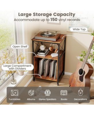 Mobile Record Player Stand with Power Outlet with Open Shelf and Dividers