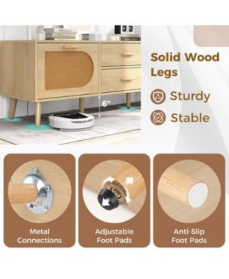 Rattan TV Stand for 65-Inch TV with Drawers and Solid Wood Legs