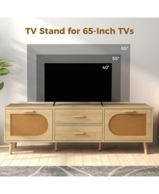 Rattan TV Stand for 65-Inch TV with Drawers and Solid Wood Legs